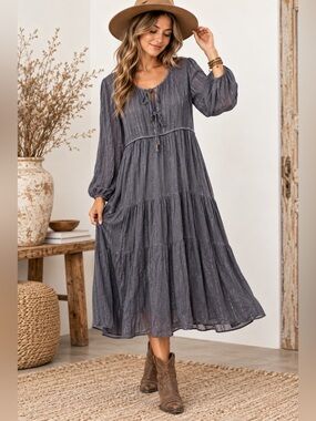 Blue Boheme Luna Blue Gray Silver Lurex Rayon Boho Midi Dress